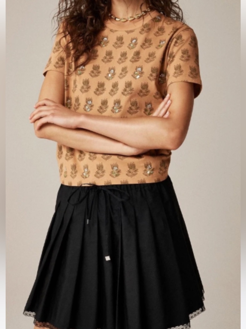 J. Crew Collection Embellished Tan Tonal Tulip Tee -large